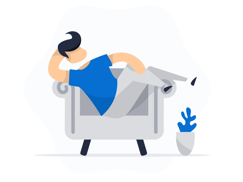 Illustration showing a person relaxing on a comfortable sofa with a peaceful, content expression. The scene depicts ultimate relaxation and comfort, symbolizing leisure time, home comfort, relaxation, or taking time to unwind.