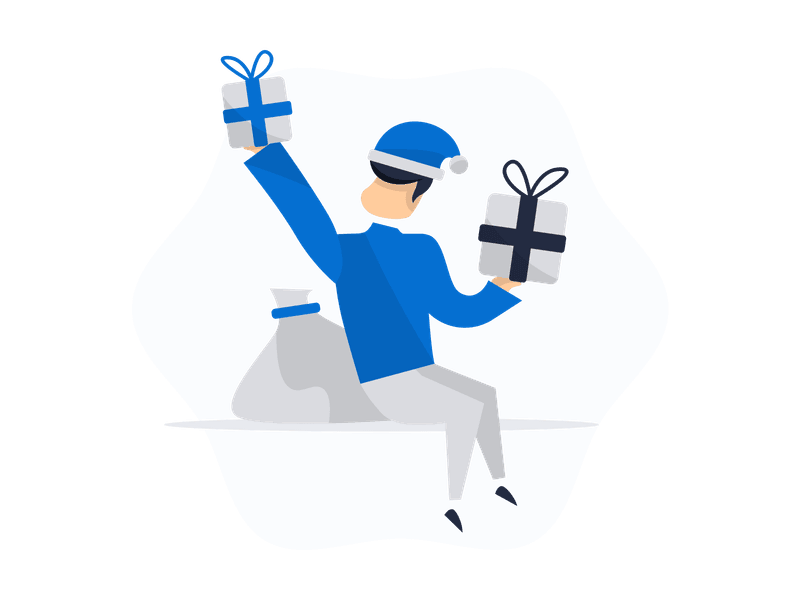 Illustration showing a festive Christmas scene with wrapped gifts and holiday decorations. Features gift boxes with ribbons and bows, creating a warm and joyful atmosphere.