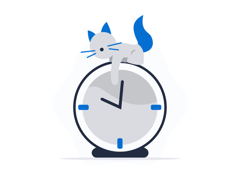 Illustration showing a cat sitting next to a clock, representing the concept of time management, punctuality, or waiting. Combines the playful nature of a cat with the structured concept of time.