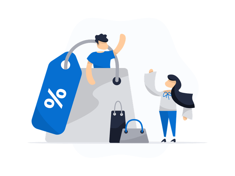 Illustration showing a person holding a discount tag or price label. The illustration features a character with a shirt and a prominent discount symbol, representing sales, promotions, price reductions, and special offers in retail or e-commerce contexts.