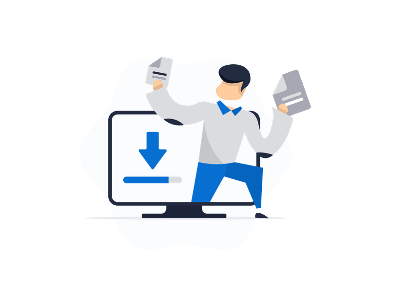 Illustration showing a person with a download arrow pointing downward. The illustration features a character with a shirt and a prominent download symbol, representing file downloads, data transfer, software installation, and digital content acquisition.
