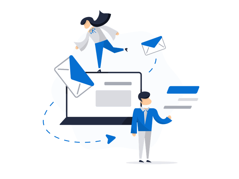 Illustration showing digital communication with a woman jumping over a laptop and a man in a suit holding data elements. Multiple email envelopes are scattered around the scene with flowing background shapes.