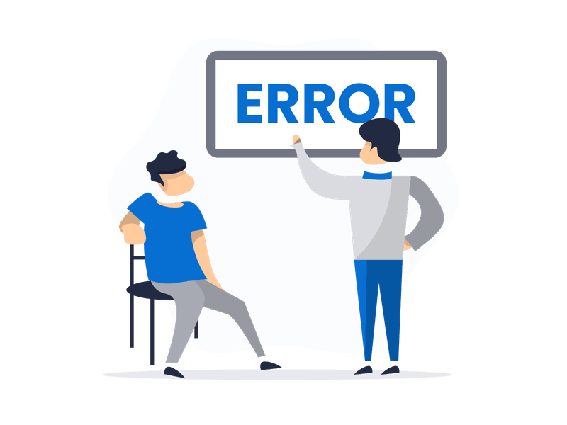 Illustration showing an error message or warning symbol. The illustration features a prominent error indicator with a person looking concerned, representing system errors, technical issues, problem alerts, and troubleshooting scenarios.