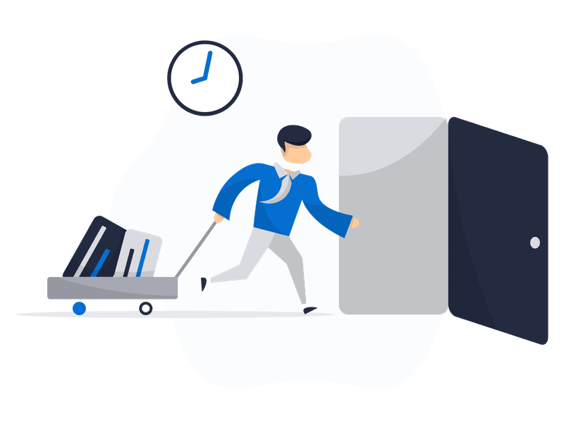 Illustration showing a person walking through an exit door or leaving a space. The illustration features a character moving away from a door or exit sign, representing departure, leaving, logout, or ending a session or process.