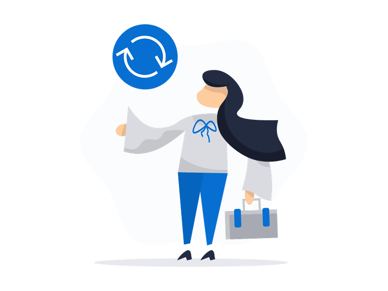 Illustration showing a young woman performing a refresh or reload gesture. The person is depicted with their hand raised in a circular motion, symbolizing updating, restarting, renewal, or reloading of systems, data, or applications in digital interfaces.