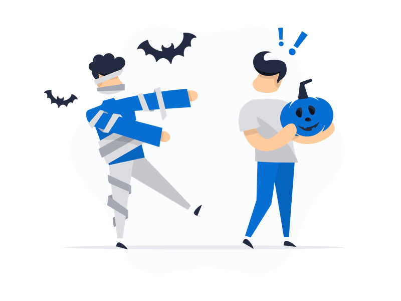 Illustration showing a Halloween scene with a mummy character in bandages walking towards another person holding a jack-o'-lantern. Two bats fly between them, creating a spooky Halloween encounter with surprise and excitement elements.