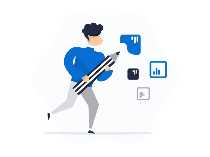 Illustration showing a person creating or drawing icons with design tools. The illustration features a character with drawing implements, representing graphic design, icon creation, digital art, user interface design, and creative design processes.