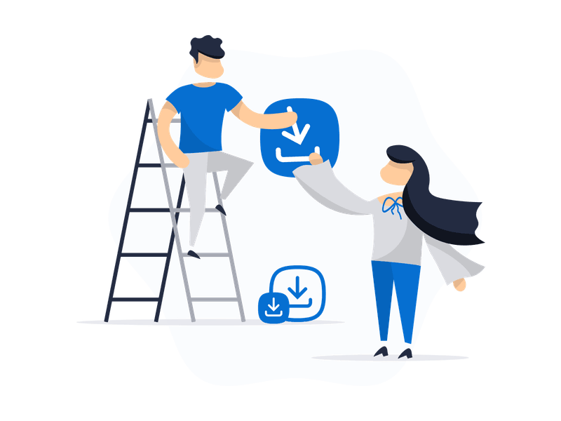 Illustration showing a ladder with various icons arranged on its rungs, representing progression, growth, and systematic organization. Features a ladder structure with icon elements, symbolizing step-by-step processes and skill development.