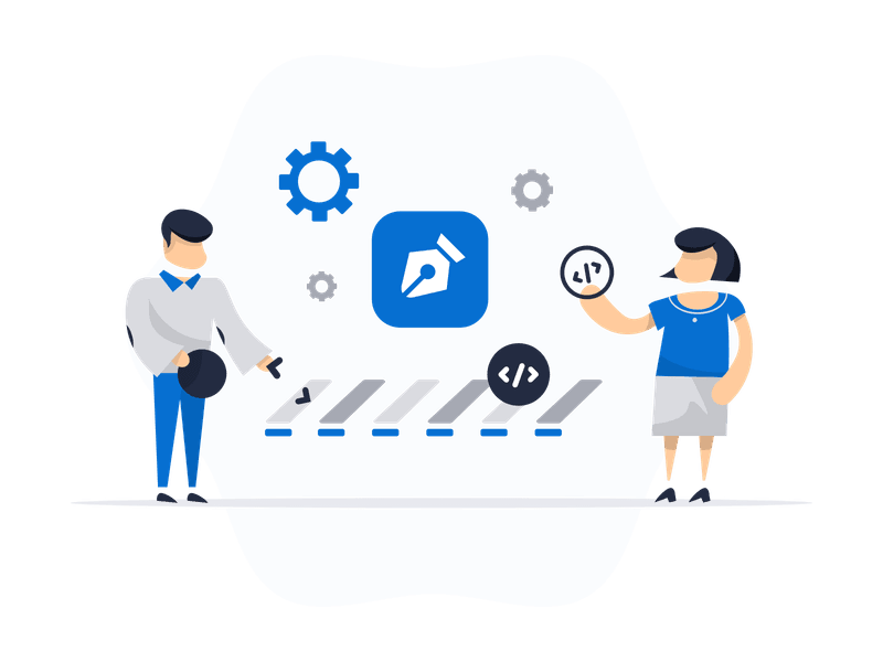 Illustration showing a production or manufacturing setup with various icons representing different aspects of production processes. Features industrial or creative production elements with icon symbols, representing manufacturing and content creation.