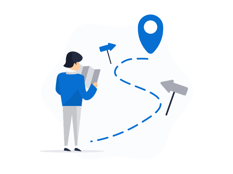Illustration showing a person with a map and compass, representing navigation, travel planning, and finding destinations. Features a character holding a map and compass, symbolizing exploration and adventure.