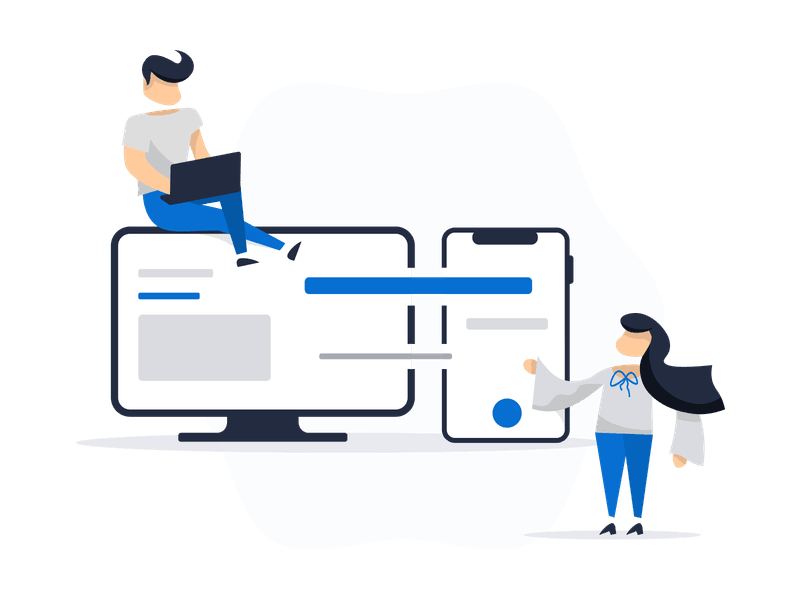 Illustration showing a person working with both a mobile device and computer. Features a character using both a smartphone and laptop, representing mobile computing and cross-platform work.