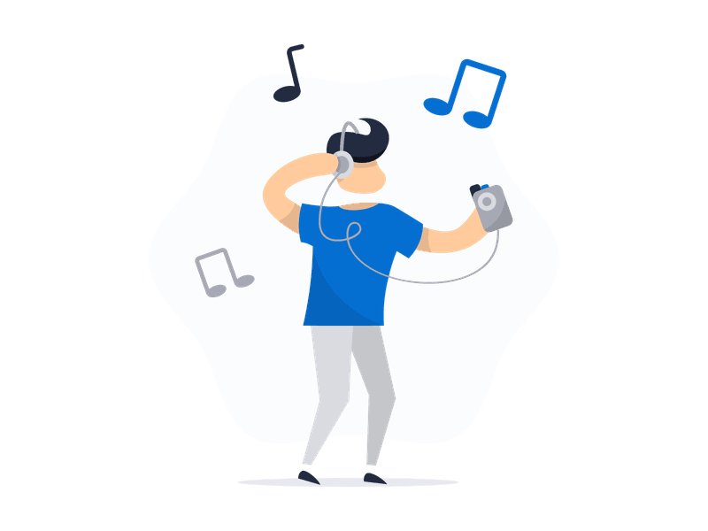 Illustration showing a person with musical instruments or music-related elements. Features a character surrounded by musical symbols, representing music, audio, and entertainment.