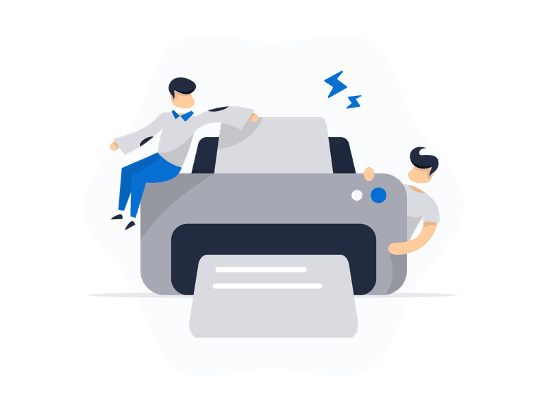 Illustration showing a modern printer with documents being printed. The scene depicts the printing process, symbolizing document production, office work, printing services, and physical output of digital content.