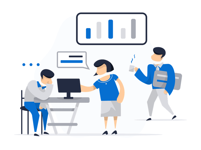 Illustration showing a person working on a laptop with project documents and planning materials. The scene depicts project management activities, symbolizing planning, organization, teamwork, and professional project execution.
