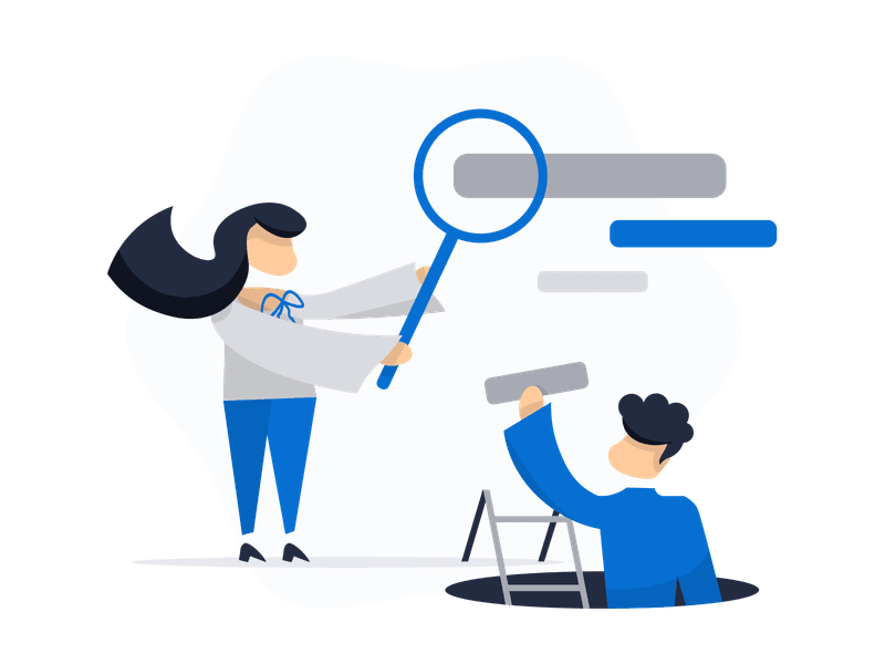 Illustration showing a magnifying glass or search icon. The scene depicts the concept of searching and finding information, symbolizing research, discovery, investigation, and information retrieval.