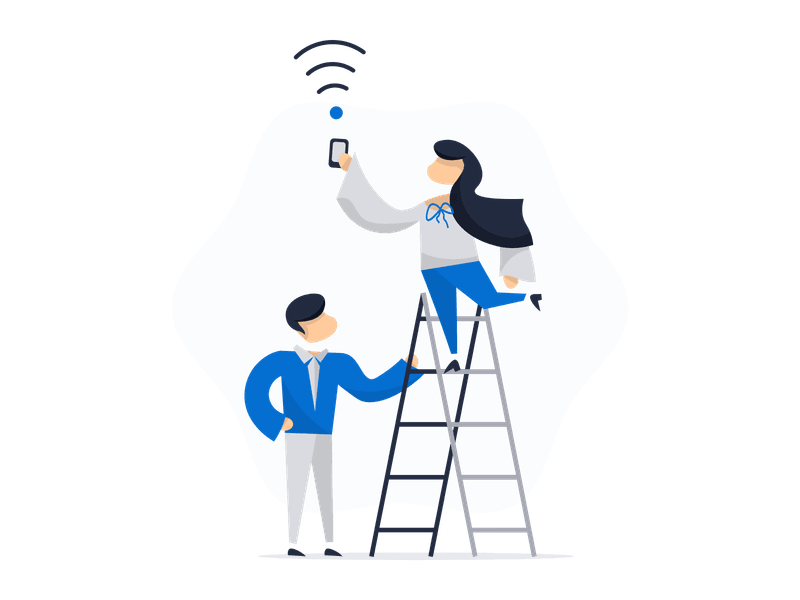 Illustration showing a person with a mobile device looking for a signal or connection. The scene depicts connectivity issues and signal searching, symbolizing network problems, mobile communication, and technical difficulties.
