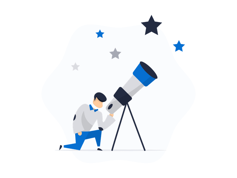 Illustration showing a telescope pointing towards the sky. The scene depicts astronomical observation, symbolizing stargazing, space exploration, scientific discovery, and the wonder of the universe.