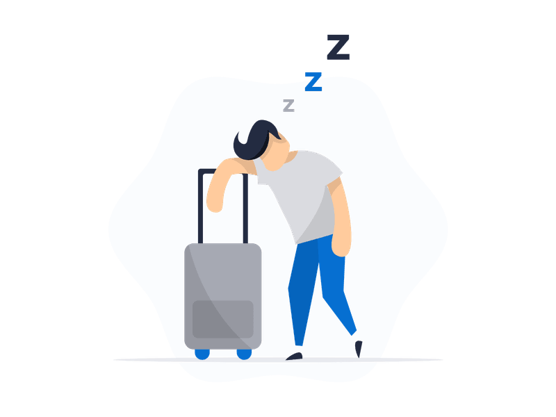 Illustration showing a person with droopy eyes and a tired expression, holding their head. The scene depicts exhaustion and fatigue, symbolizing the need for rest, work-life balance, and self-care.
