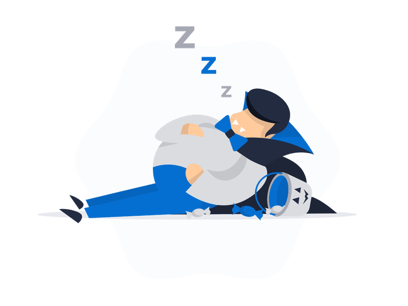 Illustration showing a vampire character sleeping on his side with a dark cape and pointed collar. The scene includes a pumpkin-shaped candy bucket and scattered candies, representing a post-trick-or-treating scenario with sleep symbols above his head.