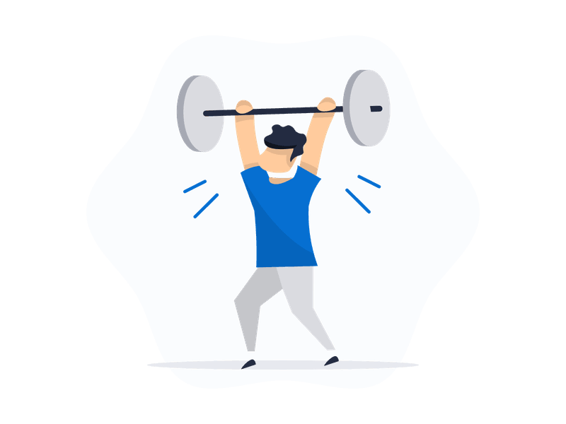 Illustration showing a barbell or dumbbells, often with a person lifting weights. The scene depicts strength training and fitness, symbolizing physical health, muscle building, determination, and athletic performance.