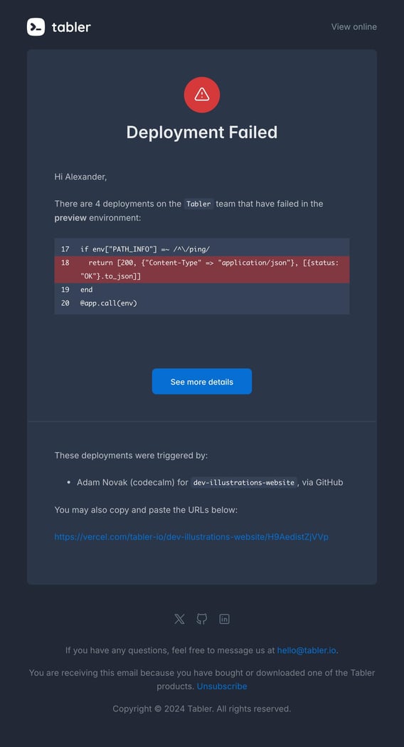 Tabler Emails - deployment-failed Dark