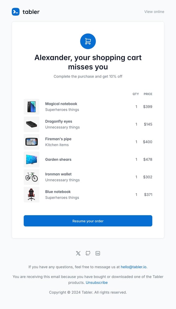 Tabler Emails - missing-order