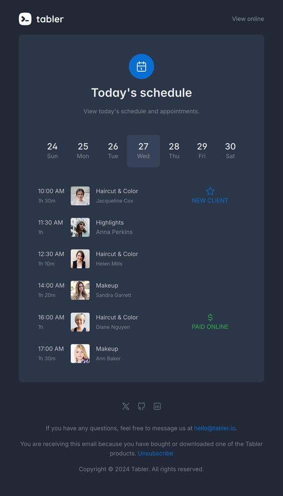Tabler Emails - schedule Dark