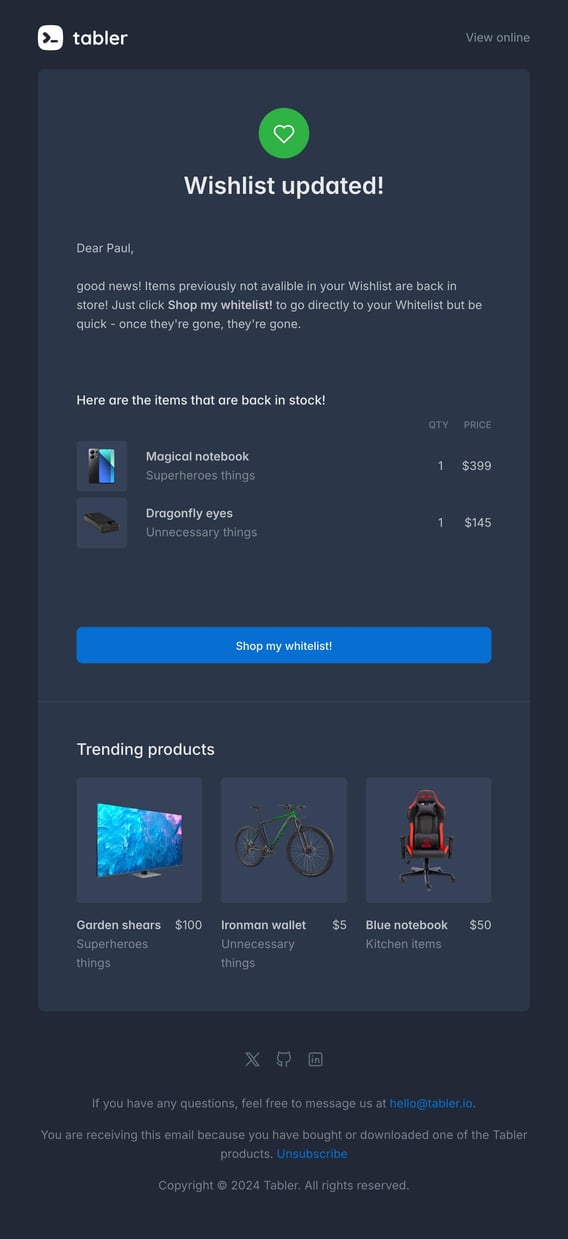 Tabler Emails - wishlist Dark
