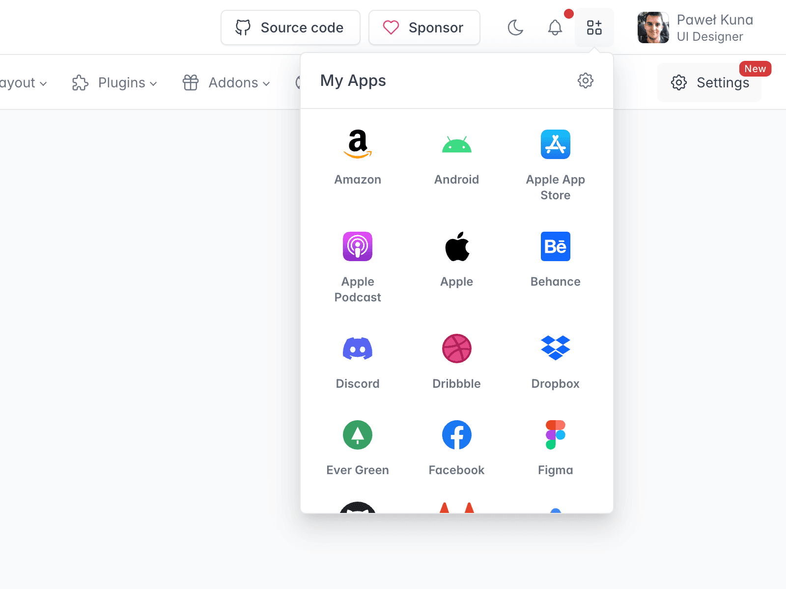 Apps card with brand icons in navbar